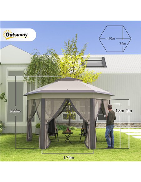 Outsunny 4x3.4m Hexagon Pop Up Gazebo with Double Roof, Netting, Beige - pic 18514 | FastDaddyshop