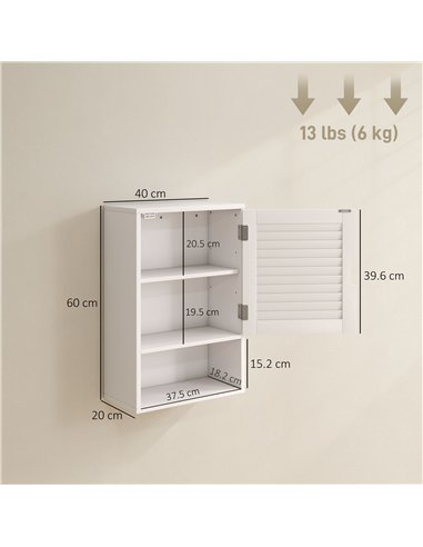 HOMCOM Bathroom Cabinet, Wall Mounted Storage Cabinet with Adjustable Shelves, 40 x 20 x 60 cm, White