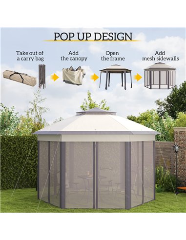 Outsunny 4x3.4m Hexagon Pop Up Gazebo with Double Roof, Netting, Beige