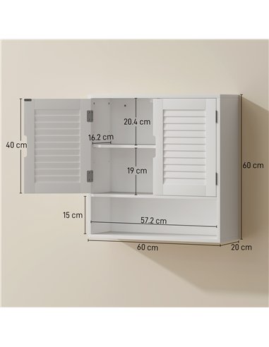 HOMCOM Bathroom Cabinet, Wall Mounted Storage Cabinet with Adjustable Shelves, 60 x 20 x 60 cm, White