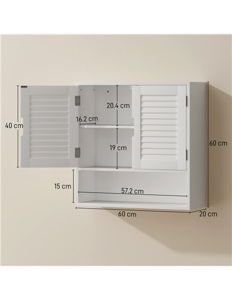 HOMCOM Bathroom Cabinet, Wall Mounted Storage Cabinet with Adjustable Shelves, 60 x 20 x 60 cm, White - pic 185155 | FastDaddyshop