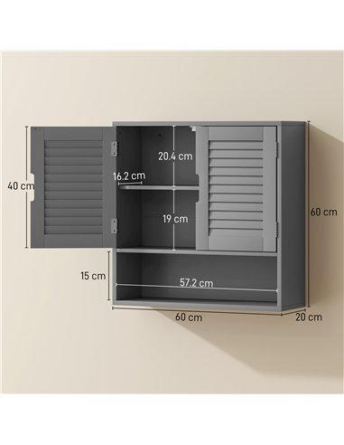 HOMCOM Bathroom Cabinet, Wall Mounted Storage Cabinet with Adjustable Shelves, 60 x 20 x 60 cm, Grey