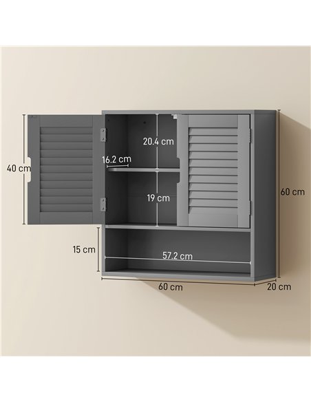 HOMCOM Bathroom Cabinet, Wall Mounted Storage Cabinet with Adjustable Shelves, 60 x 20 x 60 cm, Grey - pic 185164 | FastDaddyshop