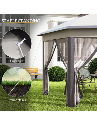 Outsunny Hexagon Patio Gazebo Pop Up Gazebo Outdoor Double Roof Instant Shelter with Netting, 4m x 3.4m, Beige