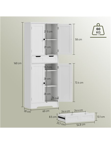 HOMCOM Tall Bathroom Cabinet, Freestanding Bathroom Storage Cabinet with Drawer, Shelves and Doors, 60 x 30 x 160 cm, White - pic 185173 | FastDaddyshop