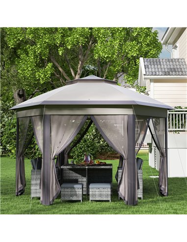 Outsunny Hexagon Patio Gazebo Pop Up Gazebo Outdoor Double Roof Instant Shelter with Netting, 4m x 3.4m, Beige