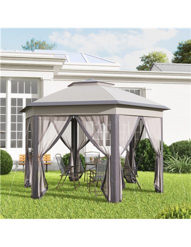 Outsunny Hexagon Patio Gazebo Pop Up Gazebo Outdoor Double Roof Instant Shelter with Netting, 4m x 3.4m, Beige