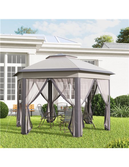 Outsunny Hexagon Patio Gazebo Pop Up Gazebo Outdoor Double Roof Instant Shelter with Netting, 4m x 3.4m, Beige - pic 18519 | FastDaddyshop