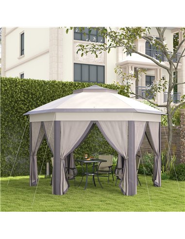 Outsunny Hexagon Patio Gazebo Pop Up Gazebo Outdoor Double Roof Instant Shelter with Netting, 4m x 3.4m, Beige
