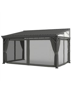 Outsunny 4.3 x 3 m Garden Pergola with Galvanised Steel Roof, Lean to Pergola Gazebo with Netting Curtains, Dark Grey