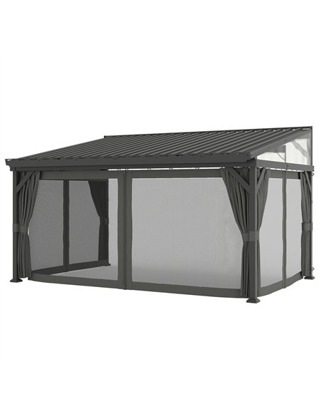 Outsunny 4.3 x 3 m Garden Pergola with Galvanised Steel Roof, Lean to Pergola Gazebo with Netting Curtains, Dark Grey - pic 185234 | FastDaddyshop