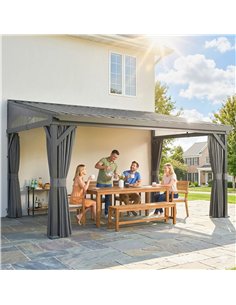 Outsunny 4.3 x 3 m Garden Pergola with Galvanised Steel Roof, Lean to Pergola Gazebo with Netting Curtains, Dark Grey 2