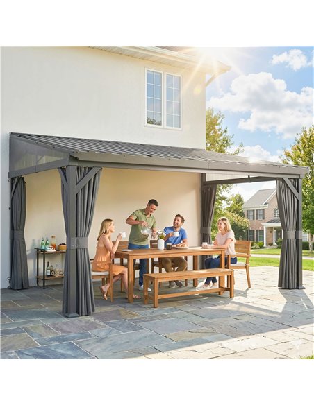 Outsunny 4.3 x 3 m Garden Pergola with Galvanised Steel Roof, Lean to Pergola Gazebo with Netting Curtains, Dark Grey - pic 185235 | FastDaddyshop