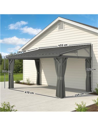 Outsunny 4.3 x 3 m Garden Pergola with Galvanised Steel Roof, Lean to Pergola Gazebo with Netting Curtains, Dark Grey