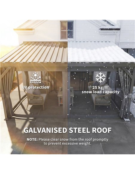 Outsunny 4.3 x 3 m Garden Pergola with Galvanised Steel Roof, Lean to Pergola Gazebo with Netting Curtains, Dark Grey - pic 185237 | FastDaddyshop