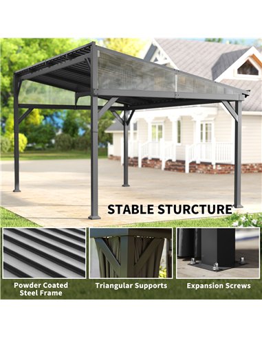Outsunny 4.3 x 3 m Garden Pergola with Galvanised Steel Roof, Lean to Pergola Gazebo with Netting Curtains, Dark Grey