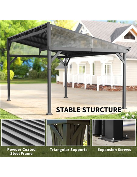 Outsunny 4.3 x 3 m Garden Pergola with Galvanised Steel Roof, Lean to Pergola Gazebo with Netting Curtains, Dark Grey - pic 185241 | FastDaddyshop