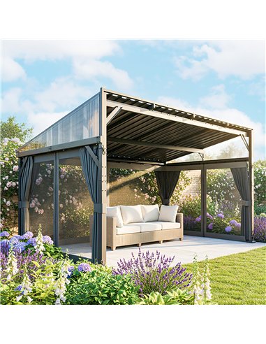 Outsunny 4.3 x 3 m Garden Pergola with Galvanised Steel Roof, Lean to Pergola Gazebo with Netting Curtains, Dark Grey