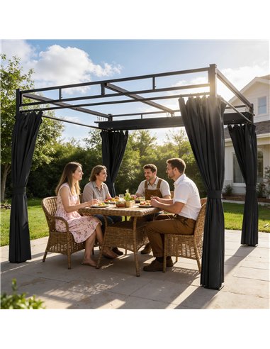 Outsunny 3 x 3 m Pergola with Retractable Roof Canopy and Curtains, UPF30+ Metal Frame Garden Pergola Gazebo Sun Shade, Dark Gre