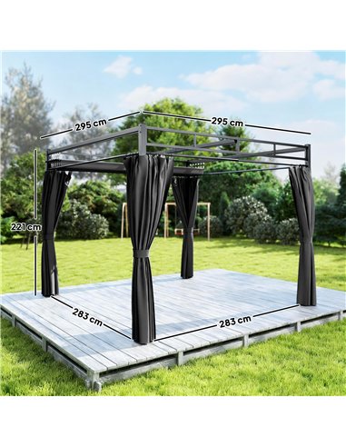 Outsunny 3 x 3 m Pergola with Retractable Roof Canopy and Curtains, UPF30+ Metal Frame Garden Pergola Gazebo Sun Shade, Dark Gre