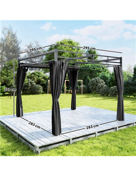 Outsunny 3 x 3 m Pergola with Retractable Roof Canopy and Curtains, UPF30+ Metal Frame Garden Pergola Gazebo Sun Shade, Dark Gre - pic 185245 | FastDaddyshop