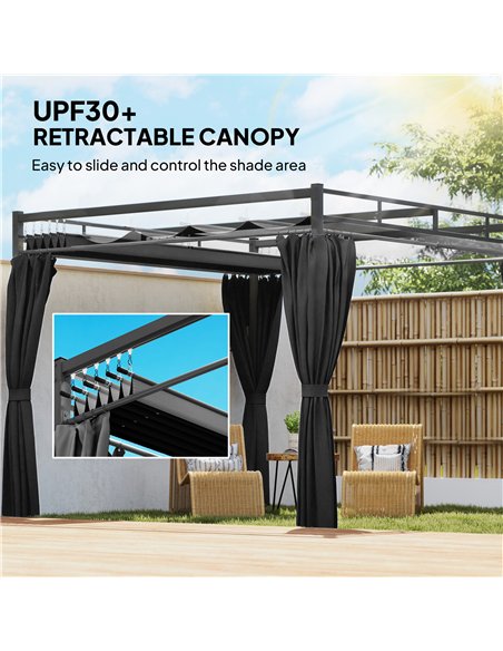 Outsunny 3 x 3 m Pergola with Retractable Roof Canopy and Curtains, UPF30+ Metal Frame Garden Pergola Gazebo Sun Shade, Dark Gre - pic 185246 | FastDaddyshop