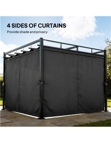 Outsunny 3 x 3 m Pergola with Retractable Roof Canopy and Curtains, UPF30+ Metal Frame Garden Pergola Gazebo Sun Shade, Dark Gre