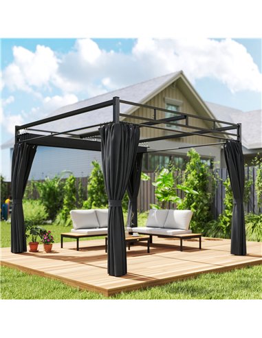 Outsunny 3 x 3 m Pergola with Retractable Roof Canopy and Curtains, UPF30+ Metal Frame Garden Pergola Gazebo Sun Shade, Dark Gre