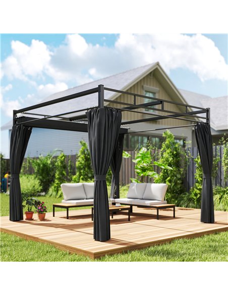 Outsunny 3 x 3 m Pergola with Retractable Roof Canopy and Curtains, UPF30+ Metal Frame Garden Pergola Gazebo Sun Shade, Dark Gre - pic 185250 | FastDaddyshop