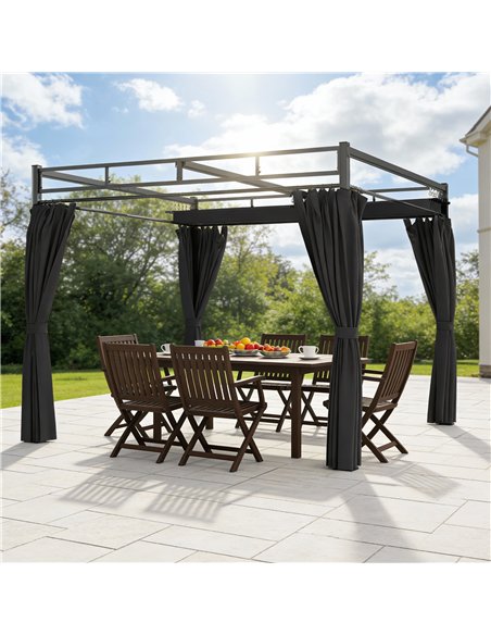 Outsunny 3 x 3 m Pergola with Retractable Roof Canopy and Curtains, UPF30+ Metal Frame Garden Pergola Gazebo Sun Shade, Dark Gre - pic 185251 | FastDaddyshop