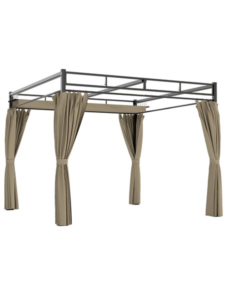 Outsunny 3 x 3 m Pergola with Retractable Roof Canopy and Curtains, UPF30+ Metal Frame Garden Pergola Gazebo Sun Shade, Khaki - pic 185252 | FastDaddyshop