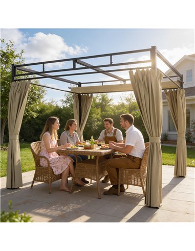 Outsunny 3 x 3 m Pergola with Retractable Roof Canopy and Curtains, UPF30+ Metal Frame Garden Pergola Gazebo Sun Shade, Khaki