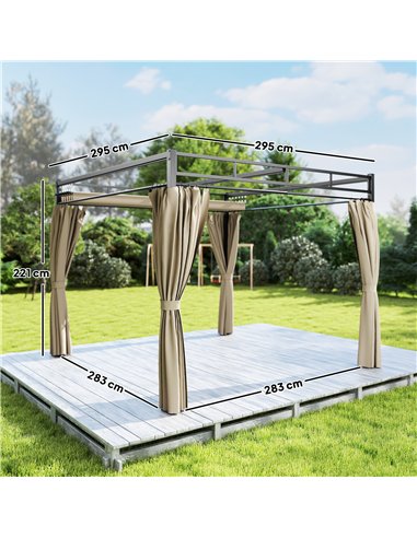 Outsunny 3 x 3 m Pergola with Retractable Roof Canopy and Curtains, UPF30+ Metal Frame Garden Pergola Gazebo Sun Shade, Khaki