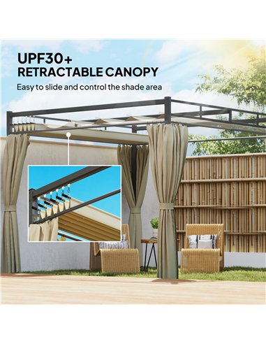Outsunny 3 x 3 m Pergola with Retractable Roof Canopy and Curtains, UPF30+ Metal Frame Garden Pergola Gazebo Sun Shade, Khaki