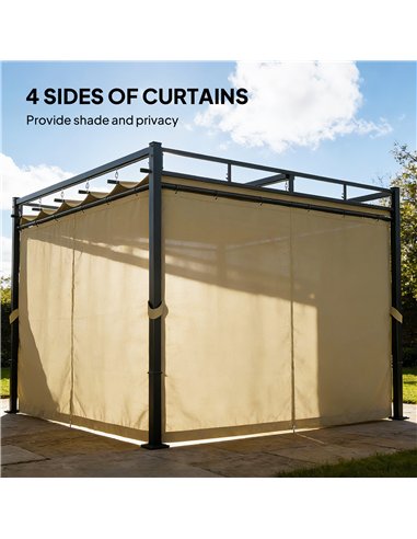 Outsunny 3 x 3 m Pergola with Retractable Roof Canopy and Curtains, UPF30+ Metal Frame Garden Pergola Gazebo Sun Shade, Khaki
