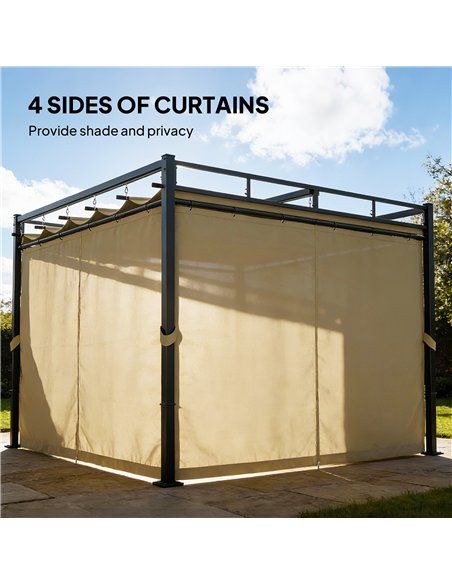 Outsunny 3 x 3 m Pergola with Retractable Roof Canopy and Curtains, UPF30+ Metal Frame Garden Pergola Gazebo Sun Shade, Khaki - pic 185256 | FastDaddyshop