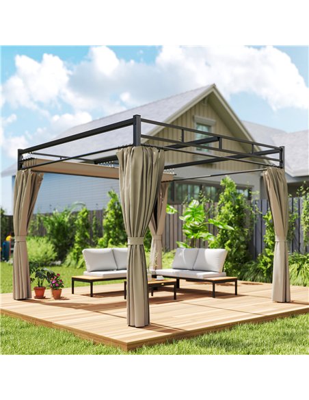 Outsunny 3 x 3 m Pergola with Retractable Roof Canopy and Curtains, UPF30+ Metal Frame Garden Pergola Gazebo Sun Shade, Khaki - pic 185259 | FastDaddyshop
