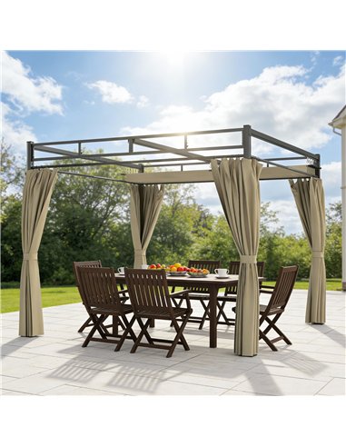 Outsunny 3 x 3 m Pergola with Retractable Roof Canopy and Curtains, UPF30+ Metal Frame Garden Pergola Gazebo Sun Shade, Khaki