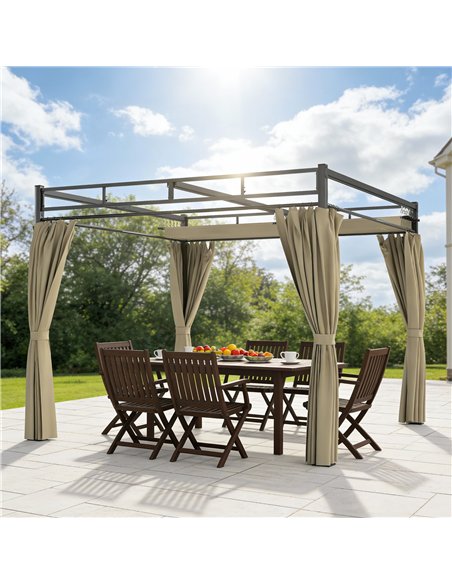 Outsunny 3 x 3 m Pergola with Retractable Roof Canopy and Curtains, UPF30+ Metal Frame Garden Pergola Gazebo Sun Shade, Khaki - pic 185260 | FastDaddyshop