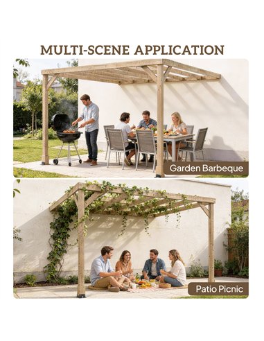 Outsunny Lean-To Wooden Pergola Kit, Decorative Garden Gazebo with Stable Structure and Concrete Anchors, 3 x 3 m, Light Brown