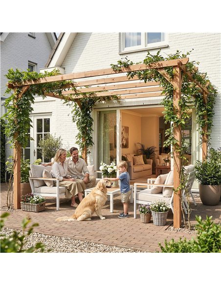 Outsunny 3 x 3 m Wooden Pergola Kit, Garden Pergola Gazebo Grape Trellis with Triangle Supports, 5 Beams, Maple Wood-effect - pic 185307 | FastDaddyshop