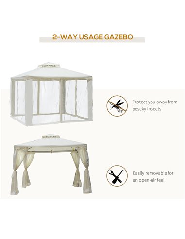 Outsunny 3x3M Metal Gazebo, Garden Outdoor 2-tier Roof Marquee with Netting, Cream White