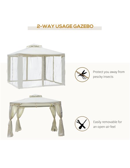 Outsunny 3x3M Metal Gazebo, Garden Outdoor 2-tier Roof Marquee with Netting, Cream White - pic 18533 | FastDaddyshop