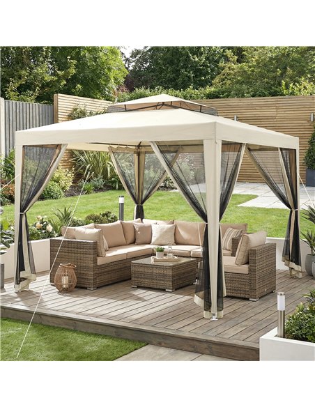Outsunny 3 x 3 m Gazebo, Netting Party Tent, Patio Canopy Outdoor Event Shelter with Double Tier Roof, Beige - pic 185379 | FastDaddyshop