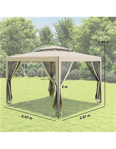 Outsunny 3 x 3 m Gazebo, Netting Party Tent, Patio Canopy Outdoor Event Shelter with Double Tier Roof, Beige