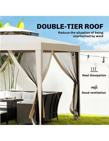 Outsunny 3 x 3 m Gazebo, Netting Party Tent, Patio Canopy Outdoor Event Shelter with Double Tier Roof, Beige
