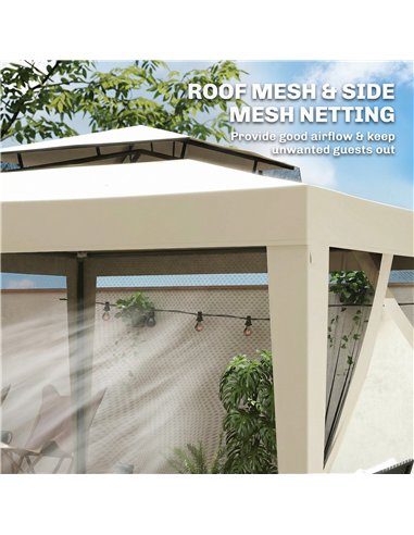 Outsunny 3 x 3 m Gazebo, Netting Party Tent, Patio Canopy Outdoor Event Shelter with Double Tier Roof, Beige