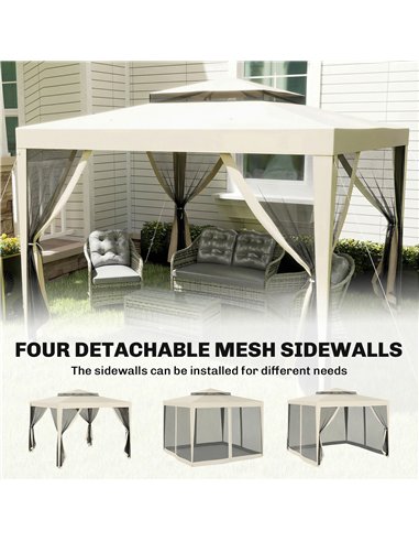 Outsunny 3 x 3 m Gazebo, Netting Party Tent, Patio Canopy Outdoor Event Shelter with Double Tier Roof, Beige