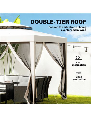 Outsunny 3 x 3 m Gazebo, Netting Party Tent, Patio Canopy Outdoor Event Shelter with Double Tier Roof, Cream White