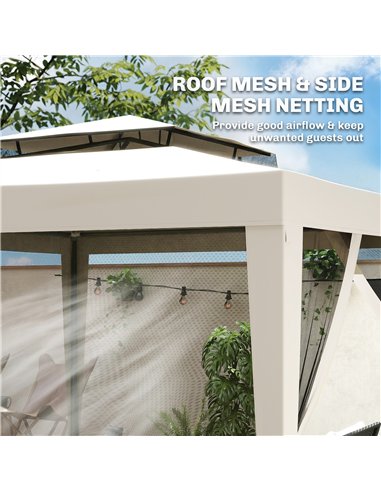 Outsunny 3 x 3 m Gazebo, Netting Party Tent, Patio Canopy Outdoor Event Shelter with Double Tier Roof, Cream White